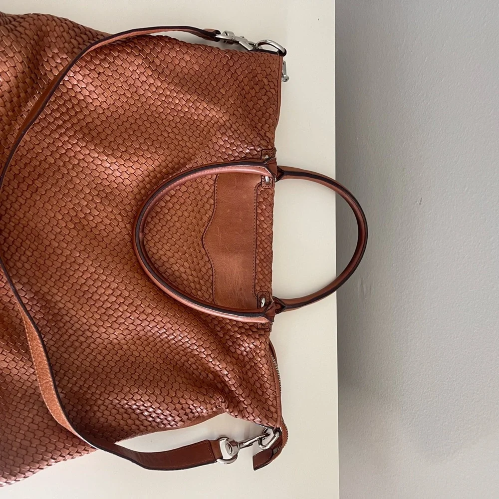 Rebecca Minkoff Bonnie Box Woven Almond Brown Leather Satchel Shoulder Bag - Picture 4 of 15